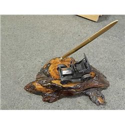 VINTAGE METAL CAR ON BURL STAND - PEN HOLDER