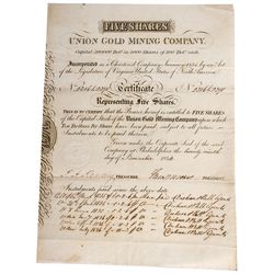 Union Gold Mining Company, Appalachian Stock Certificate - Farquier County, VA