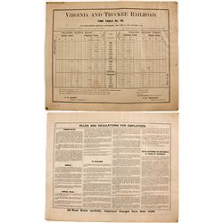 Virginia & Truckee Railroad Timetable Sheet - Carson City, NV