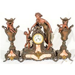 French Mantle Clock "Lady with Cherubs" & Match Vases -