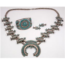 Zuni Squash Blossom Necklace, Earrings and Bracelet Set -  NM