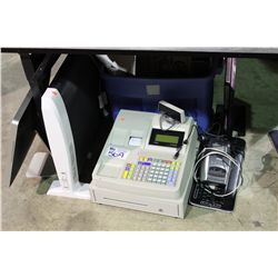 ASSORTED OFFICE GEAR, CASH REGISTER AND COMPUTER MONITORS
