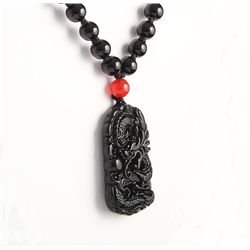 Jade Snake Dragon Necklace with Black Agate Beads