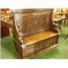 Image 1 : Small oak panelled settle with carved acanthus leaf decoration and lion head arms, 57" wide…