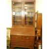 Image 1 : Georgian style oak bureau bookcase with two glazed doors, dental cornice and bracket feet, cheque…