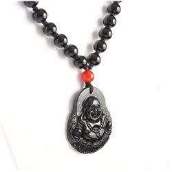 Jade Happy Buddha Necklace with Black Agate Beads