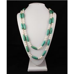 Knotted Turquoise and Pearl Long Necklace
