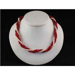 Vintage Pearl Coral Red & White Twisted Necklace