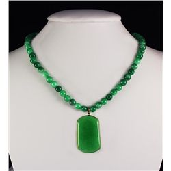 Green Jade Beaded Charm Necklace with Slab Jade Pendant