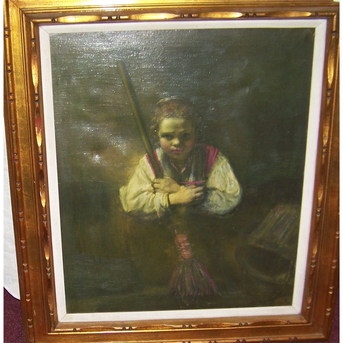 In The Manner Of Rembrandt Girl With A Broom Framed Oil Painting
