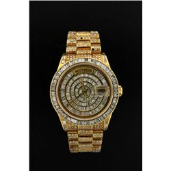 ROLEX: Mens 18ky Rolex O.P. Day Date wristwatch w/ aftmkt diamond apptmnts; 18ky bezel starburst set