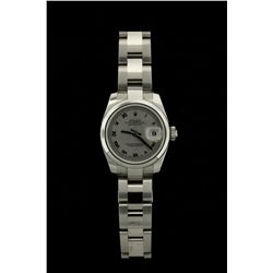ROLEX: Ladys st.steel Rolex O.P. Datejust wristwatch; 27mm case; rhodium dial w/ silver Romans; dome