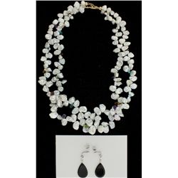 PEARLS: Ladys double strand necklace of Keshi Leaf pearls & colored gemstone briolettes; 20 drop bri