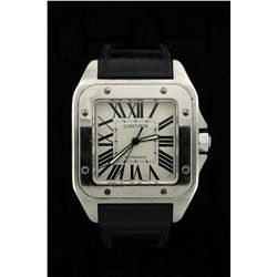 WATCH: Mens st.steel Cartier Santos 100 wristwatch; silver/white dial w/ black Romans; black crocodi