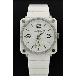 WATCH: Ladys white ceramic & st.steel Bell & Ross diamond wristwatch; 39.0mm square case; bezel w/ 8
