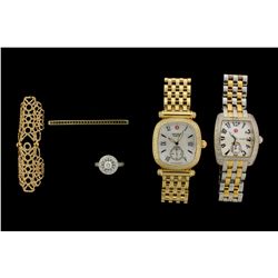 WATCH: Ladys yellow gold plated st.steel Michele Caber Isle diamond wristwatch; white MOP dial w/ bl