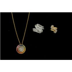 PENDANT: Ladys 14ky ''rainbow'' sapphire & diamond circle pendant; 20 trapezoid princess cut fancy s