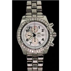 WATCH: Mens st.steel Breitling ''Super Avenger'' chronograph wristwatch w/ aftmkt set diamond bezel;