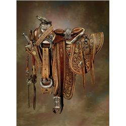 Ornate Mexican Saddle with Headstall, Bit, Spurs, Chaps, Sword with Scabbard, Saddlebags, Belt & Hol