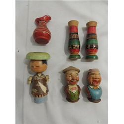 LOT 6 VINTAGE WOOD COLLECTIBLES: 1 ORIENTAL BOBBLE