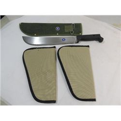 LOT 3 17"L STEEL MACHETTE AND CANVAS BELT SHEATH &