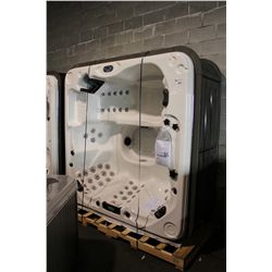 CAL SPAS AMERICAN SERIES HOT TUB WITH WHITE INTERIOR AND 8' CUSTOM WALNUT CABINET. C/W: