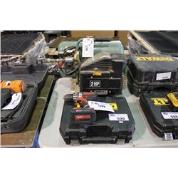 MILWAUKEE CORDLESS DRILL, DEWALT 20V DRILL AND HITACHI 2HP COMPRESSOR