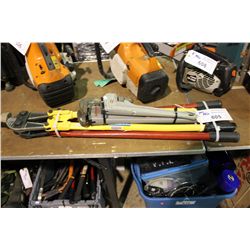 LOT OF BOLT CUTTERS, PIPE WRENCHES AND AXES