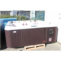 CAL SPAS COLEMAN SERIES HOT TUB WITH SNOW WHITE INTERIOR AND 8' MAHOGANY CABINET. C/W: