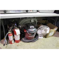 SHOP VAC, FIRE EXTINGUIHSERS, FANS AND MISC