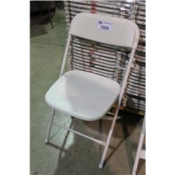 STACK OF 50 WHITE PLASTIC FOLDING BANQUET CHAIRS