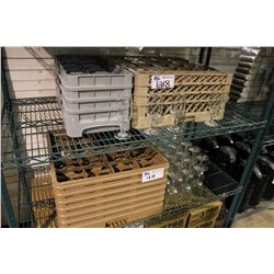 SHELF LOT OF ASSORTED GLASSWARE AND TRAYS