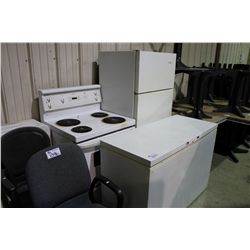 WHITE CHEST FREEZER, FRIDGE AND STOVE