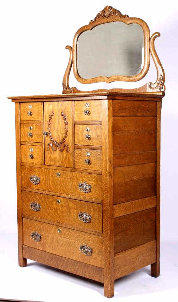 Antique Oak High Boy Dresser With Mirror