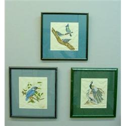 GROUP OF THREE FRAMED PAINTINGS ON SILK