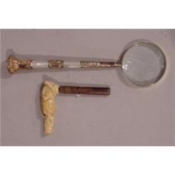 TWO PIECES: Carved ivory dog head cane handle