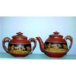ENGLISH CERAMIC INDIVIDUAL TEAPOT AND COVERED SUGAR