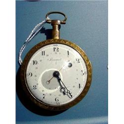 OPEN FACE POCKET WATCH WITH AN ENAMEL SCENE OF MOTHER AND CHILD IN GARDEN