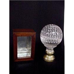 TWO PIECES: Clear glass newel post finial with thumbprint design and brass collar