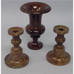AGATE VASE AND PAIR OF CANDLESTICKS