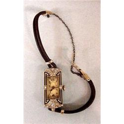 EXQUISITE PLATINUM ART DECO DIAMOND AND ENAMEL PATEK PHILLIPE LADIES' WRIST WATCH