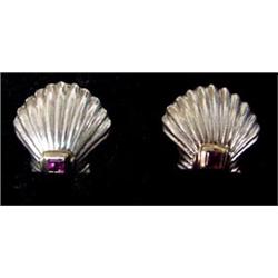 STERLING, 14K AND RUBY SCALLOP SHELL EARRINGS BY TIFFANY & CO