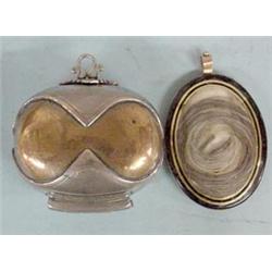 TWO PIECES: Rose gold filled monogrammed locket with eglomise front that contains a locket of brown 