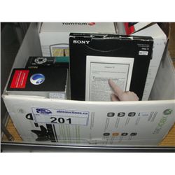 BOX OF ASSORTED ELECTRONICS; SONY DIGITAL READERS, XPERIA SMART PHONE, FUJIFILM DIGITAL CAMERA, TOM