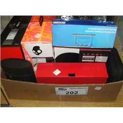 BOX OF ASSORTED ELECTRONICS AND ELECTRONIC ACCESSORIES; SKULL CANDY HEEADPHONES, SONY PLAYSTATION 3