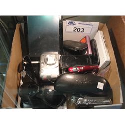 BOX OF ASSORTED SMART PHONES, DIGITAL CAMERAS, IPODS, READERS, SUNGLASSES, ETC
