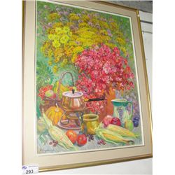 FRAMED ORIGINAL OIL ON CANVAS PAINTING - STILL LIFE FRUIT AND FLORAL