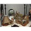 Image 1 : SHELF LOT OF DECORATIVE HOUSEHOLD ITEMS; LAMPS, CRYSTAL AND BRASS CHANDALIERS, LHAMA HIDE, ETC