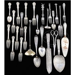 ESTATE LOT OF COIN, STERLING AND SILVER PLATE.