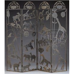 FOLK ART SHEET IRON FOUR PANEL FOLDING SCREEN.